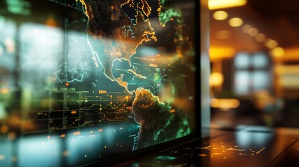 Realistic digital weather map displayed on a screen with a blurred office workspace in the background. Modern interface showcasing weather data and forecasts