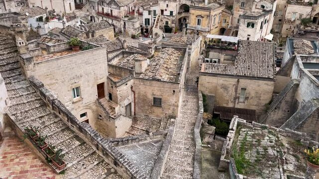 An amazing view of the unique UNESCO site settlements in the Sassi area in Matera, Italy. 