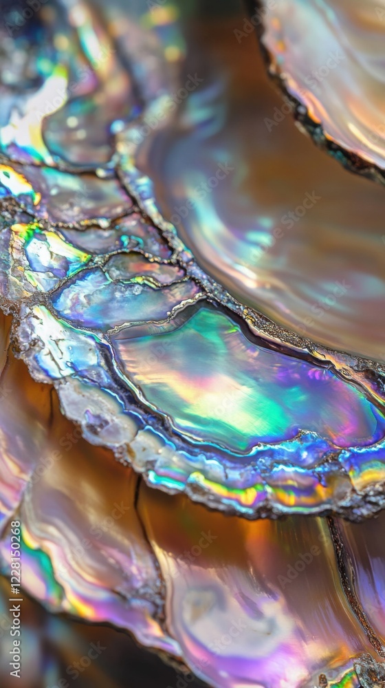 Poster beautiful close-up view of iridescent abalone shells showcasing vibrant colors and intricate pattern