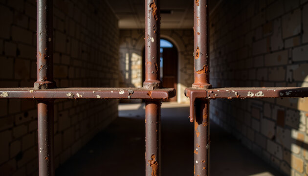 Ancient iron bars in dimly lit cell, solitary confinement symbolism
