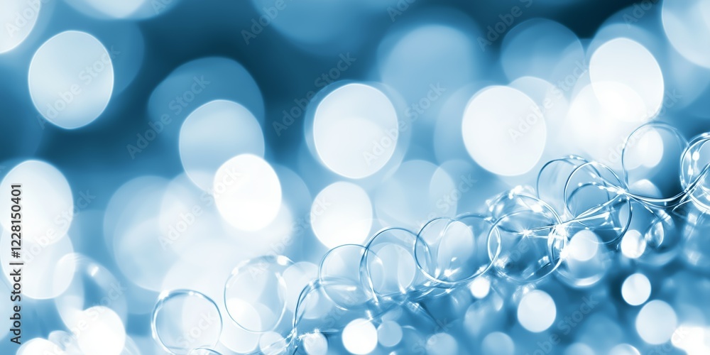 Poster blurred light strings radiating soft glow against deep blue backdrop, generating sparkling bokeh ill
