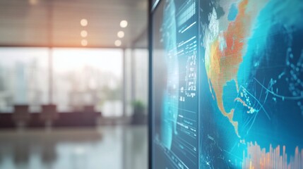 Realistic digital weather map displayed on a screen with a blurred office workspace in the background. Modern interface showcasing weather data and forecasts