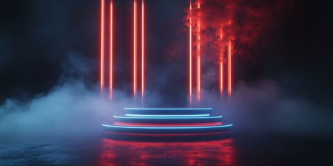 A dramatic stage setup featuring glowing neon lights and fog, suitable for events, performances, or promotional materials.