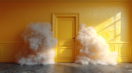 An abstract 3D render features a yellow backdrop highlighted by white clouds emerging from a tunnel