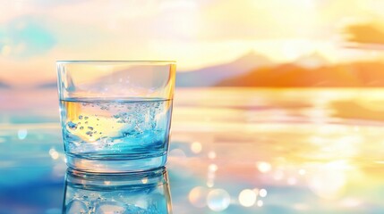Glass of fresh water on a reflective surface with a blurred sunny nature background, highlighting purity and refreshment. Ideal for commercial and wellness concepts