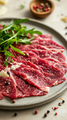 Obraz premium Exquisite beef carpaccio garnished with arugula, parmesan shavings, and edible flowers, captured in a macro shot with natural lighting