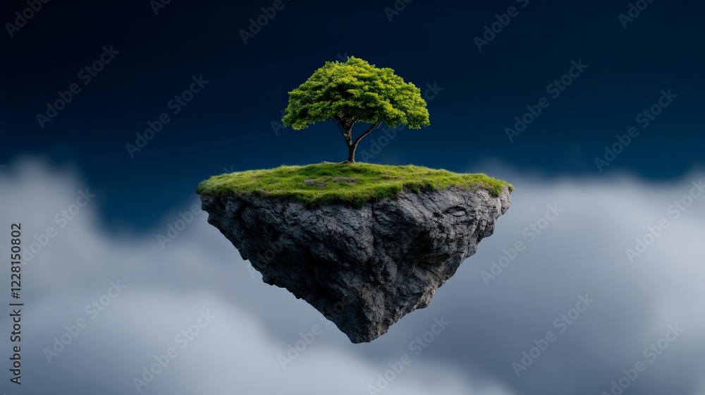 Poster floating island with tree: a solitary tree stands tall on a small, rocky island floating amidst fluf