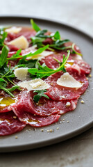 Obraz premium Exquisite beef carpaccio garnished with arugula, parmesan shavings, and edible flowers, captured in a macro shot with natural lighting