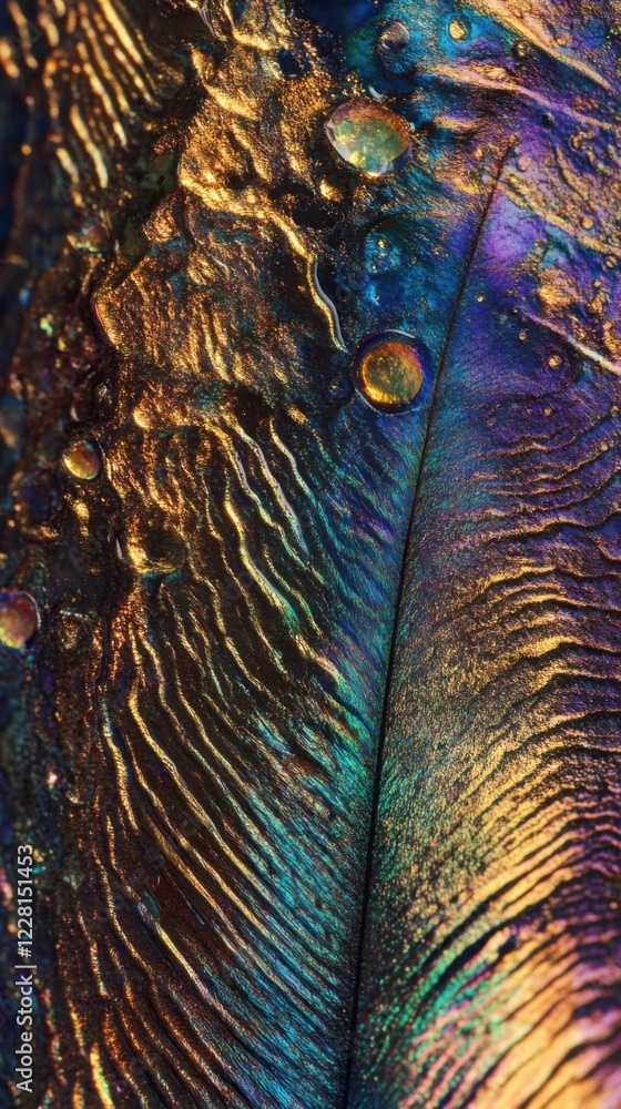 Poster intricate patterns of colors and textures in a close-up view of a natural surface illuminated by lig