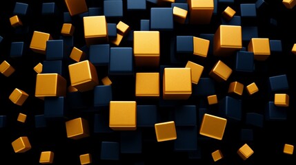 Golden and Midnight Cubes: Abstract 3D rendering of a dynamic composition of gold and dark blue cubes, creating a visually striking and luxurious texture.  Perfect for backgrounds, presentations.
