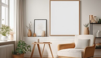 Frame mockup, ISO A paper size. Living room wall poster mockup. Interior mockup with house background. Modern interior design. 3D render
