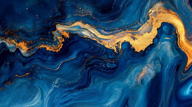 Abstract fluid dynamics with vibrant blue and gold swirling patterns