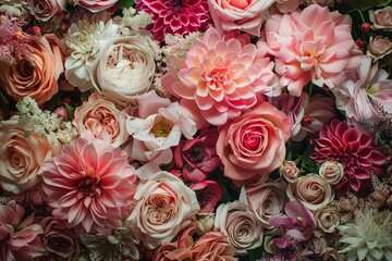 Stunning arrangement of pink and peach flowers creates a beautiful floral background, perfect for romantic or celebratory themes