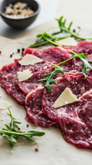 Fototapeta premium Exquisite beef carpaccio garnished with arugula, parmesan shavings, and edible flowers, captured in a macro shot with natural lighting