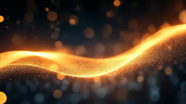 Golden light waves flowing over abstract sparkling background in dynamic movement