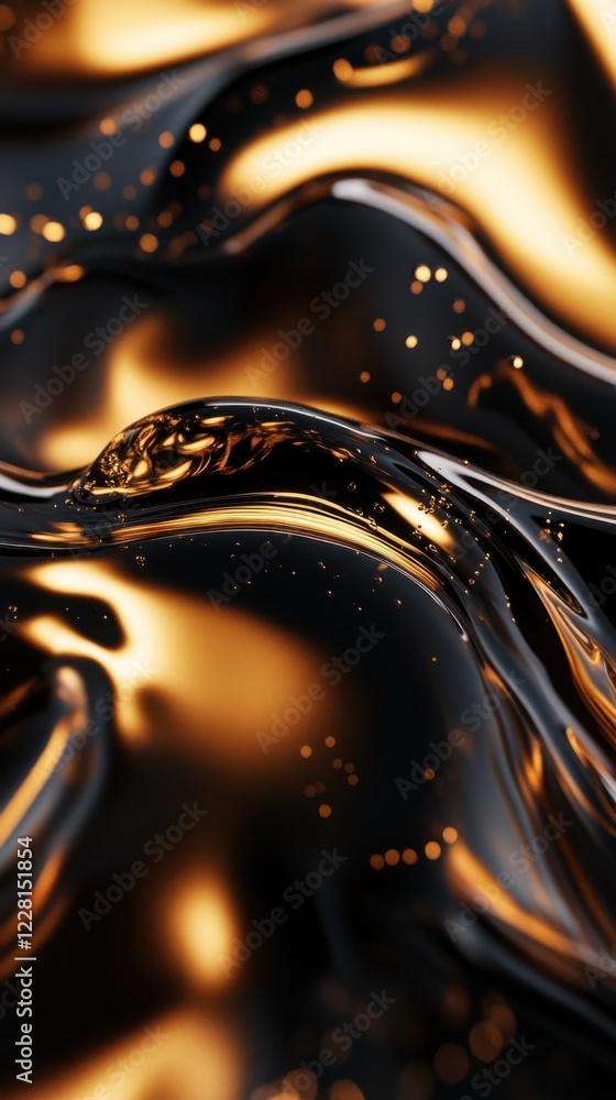Poster abstract flowing liquid with shimmering gold and black colors in a smooth texture displayed creative
