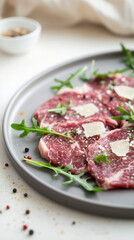 Fototapeta premium Exquisite beef carpaccio garnished with arugula, parmesan shavings, and edible flowers, captured in a macro shot with natural lighting
