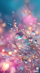 Water droplets glisten on delicate branches with soft colorful lights in the background