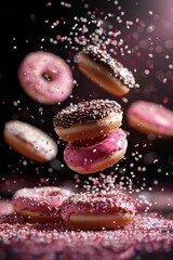 Colorful Donuts in mid air: An assortment of vibrant colored donuts, some falling in mid air. Showcasing the variety and flavors. Banner, background, poster.