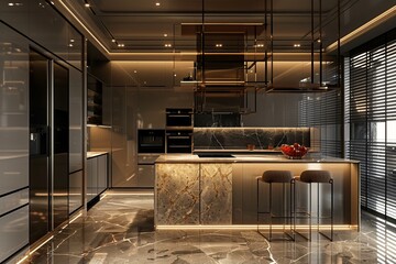 Luxurious dark brown kitchen boasts a marble island with built in hob and modern stools illuminated by led strip lights
