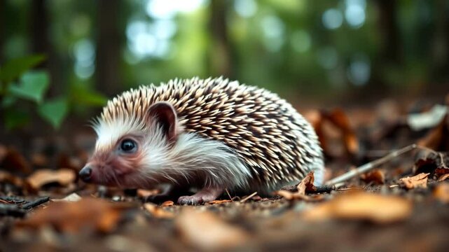 hedgehog in a forest environment, surrounded by autumn leaves