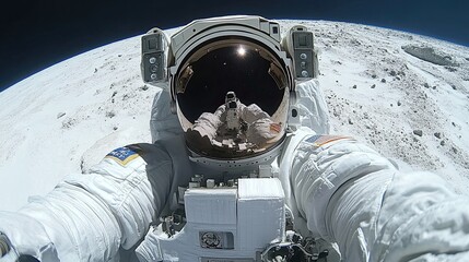 An astronaut in a spacesuit takes a selfie in space, with the Earth visible in the background.