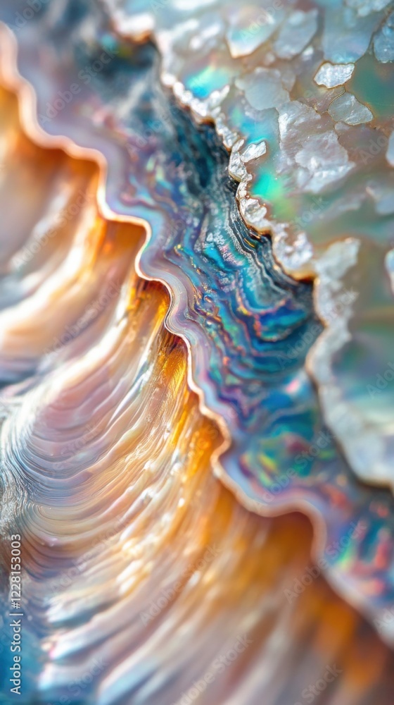 Poster Beautiful close-up of a shimmering seashell showing vibrant colors and intricate patterns under natural light
