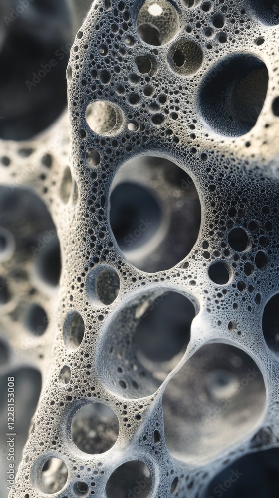 Poster intricate details of porous material showcasing bubbles and textures in a close-up view