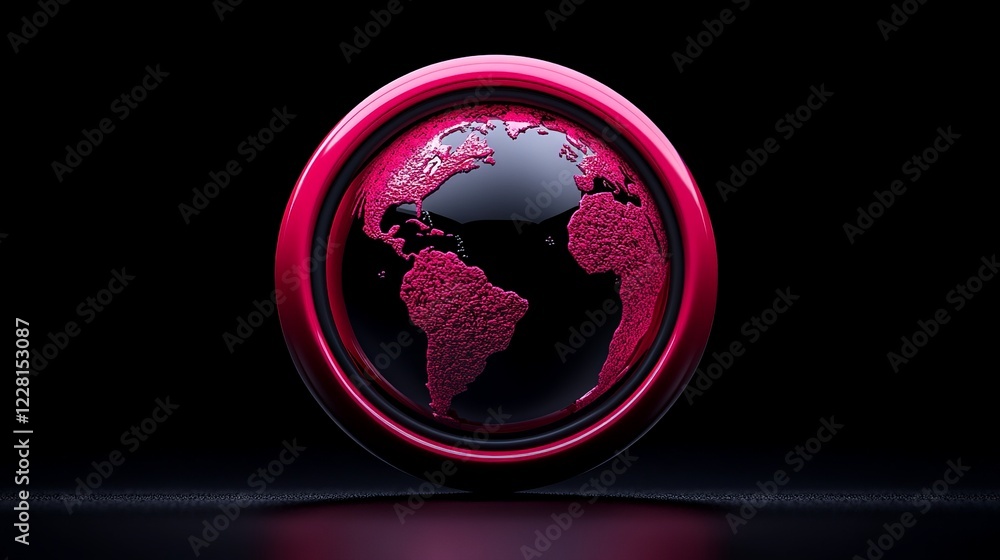 Poster global connection: a stylized 3d rendering of planet earth embedded within a crimson circular frame,