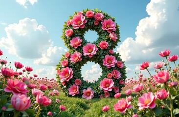 A large number 8 consisting of delicate pink flowers and leaves against the background of a flower field and clouds. The concept of International Women's Day, March 8, congratulations.