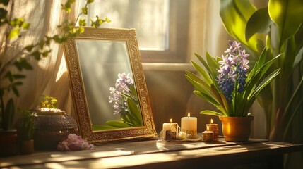 A decorative Nowruz setup with a golden mirror, candles, and blooming hyacinths on a wooden table, with softly blurred sunlight filtering through a window