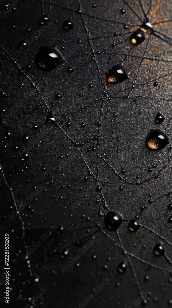 Poster water droplets accumulate on a textured black surface, creating an intriguing display of reflections