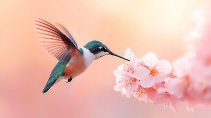 Naklejka premium A hummingbird hovering delicately over a cluster of soft pink flowers, illuminated by the gentle morning sunlight. Its wings beat rapidly