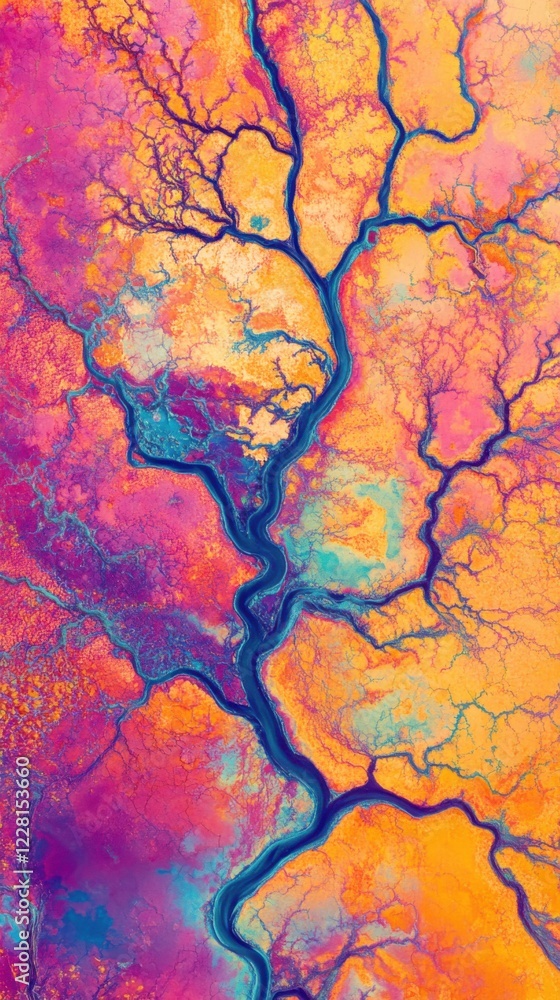Poster vibrant aerial view of a river delta displaying intricate patterns and colors in a natural landscape