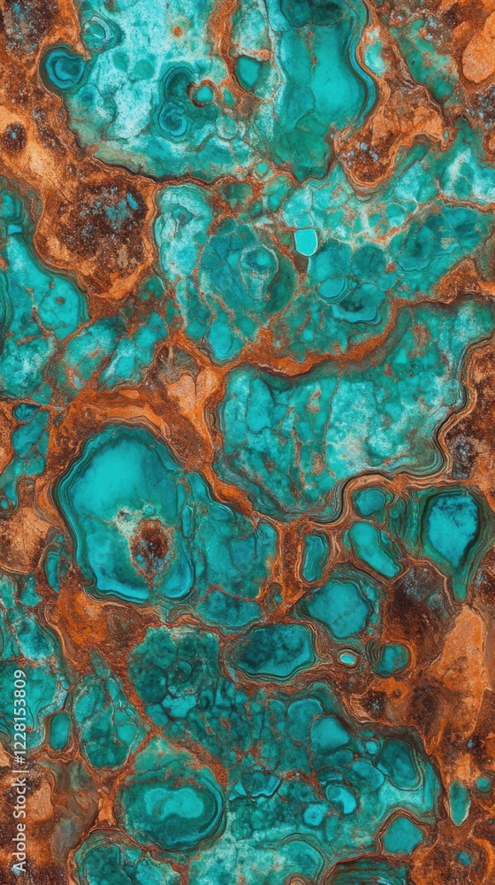 Poster vibrant turquoise and rust patterns create a stunning natural artwork displaying mineral formations