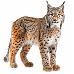 Obraz premium Studio shot of a beautiful eurasian lynx standing and looking forward on white background
