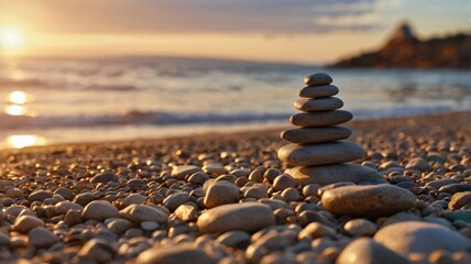 Stone stack, Balanced stone stack on peaceful beach with pebbles and the sea in the background, Close-up picture of pebbles stacked on stone beach background