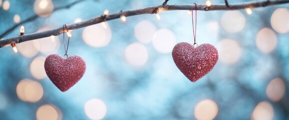 Fototapeta premium Sparkly heart-shaped decorations hanging from a branch, with soft bokeh lights.