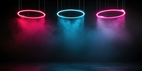 Vibrant neon lights with smoke create an energetic atmosphere, suitable for event promotions, nightlife, and music festivals.