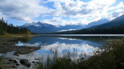Fototapeta premium Serene Mountain Lake Reflection: A Breathtaking Panorama