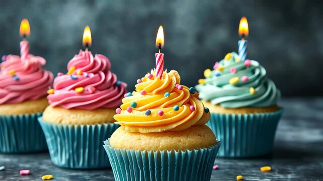 Vibrant cupcake candles flickering: celebration dessert closeup with swirling sprinkles