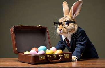 An Easter white bunny in a business suit and glasses stands next to a brown suitcase full of colorful eggs on a dark background. The concept of the Easter holiday, business, creative idea.
