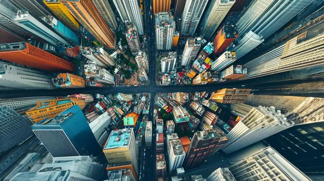 Dynamic aerial urban transformation: highrise cityscape morphs through vibrant angles
