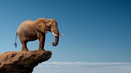 Elephant on a Clifftop: A majestic elephant stands confidently on the edge of a cliff, its powerful presence commanding attention against a backdrop of a vast blue sky.