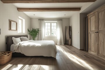 A serene and modern Modern farmhouse interior design style bedroom featuring a large bed with white bedding, wooden beams on the ceiling, and a large window allowing natural light. 