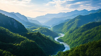 Obraz premium Spectacular mountain peak overlooking lush valley windy magical scenery wallpaper stock