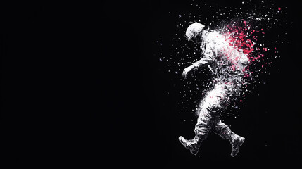 Naklejka premium Soldier dissolving into colorful particles against a black background. The figure appears to be walking, with vibrant splashes of color emerging from the body.