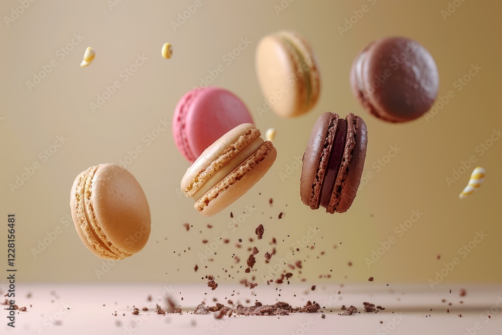 Poster assorted macarons falling onto a surface, scattering crumbs and sprinkles, creating a visually appea