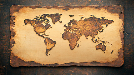 retro style of old world map. Distressed beige texture with small spots on corners creating a worn and aged look.