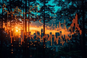 vibrant sunset over city skyline, with digital data visualization elements superimposed, creating blend of nature and technology